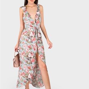 Plunge rose print asymmetrical crisscross back dress